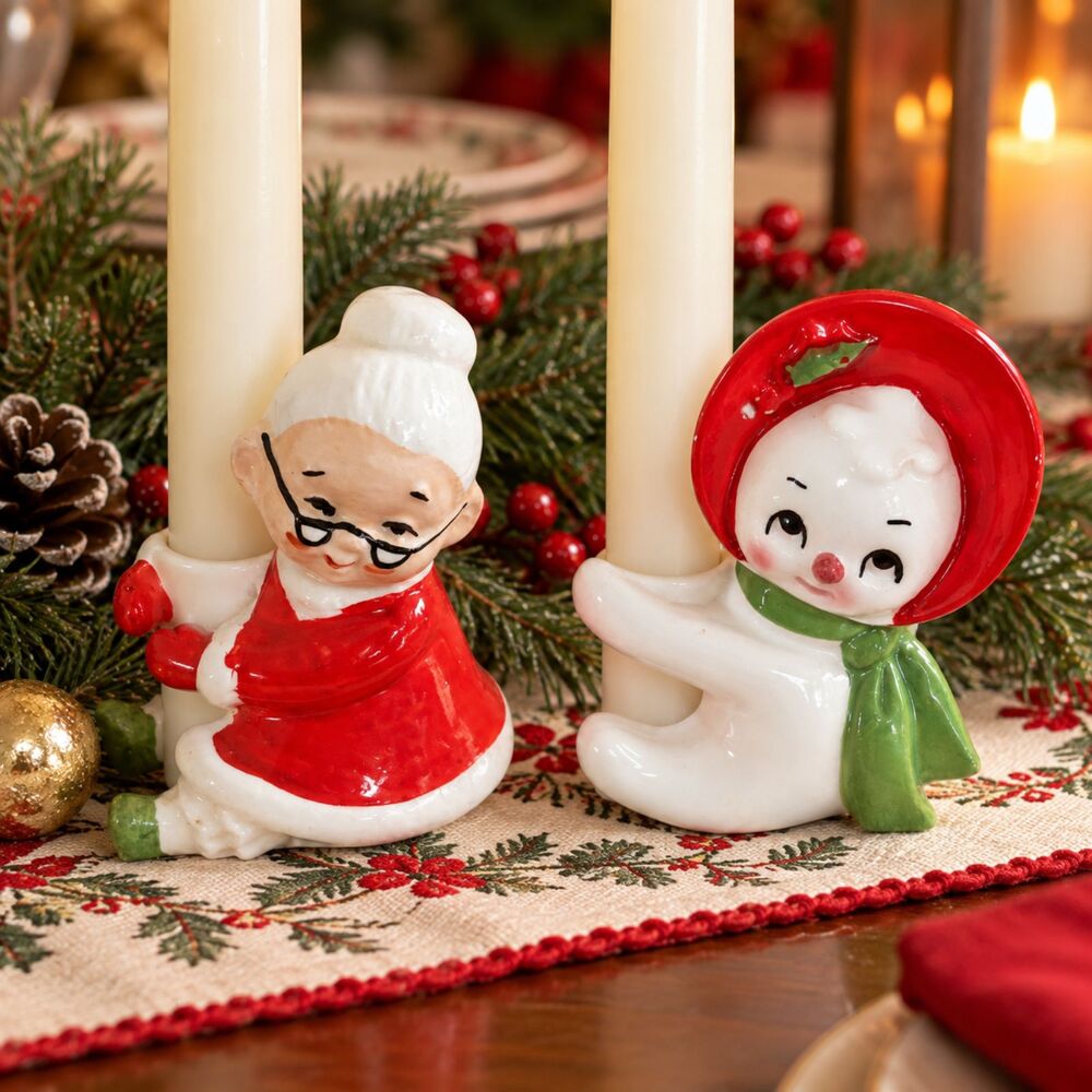Vintage Lefton Japan Christmas Candle Huggers Mrs Claus Snowman 3.25" Set of 2